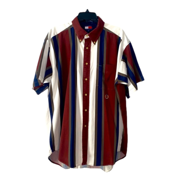 Tommy Hilfiger Other - Vintage Tommy Hilfiger Shirt Mens Large Button Down Red Blue Gray Striped Cotton